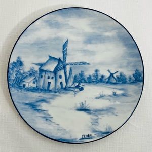 Vintage Hand Painted Delft Blue Plate Windmill Man in Boat Signed by Artist